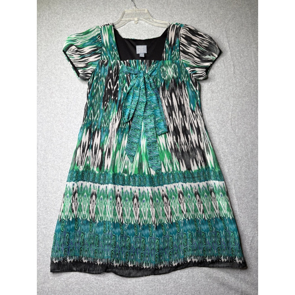 Rabbit Rabbit Rabbit Designs Green Ikat Print Bow Front Mini Dress Size 4